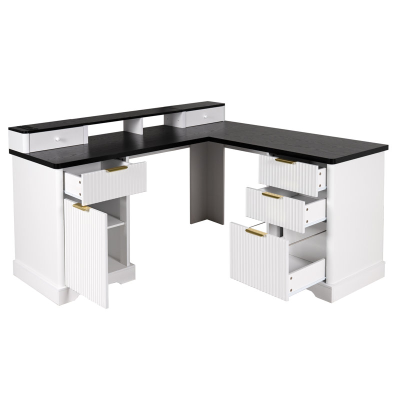 Bureau en L 59 po cannelé avec station de charge et armoire de rangement 59 po Modern