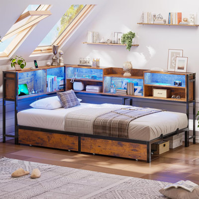 Corner Bed Frame With Storage Bookcase And Led Lights, Daybed With 2 Underneath Storage Drawers And Charging Station For Living Room,bedroom & Guest Room