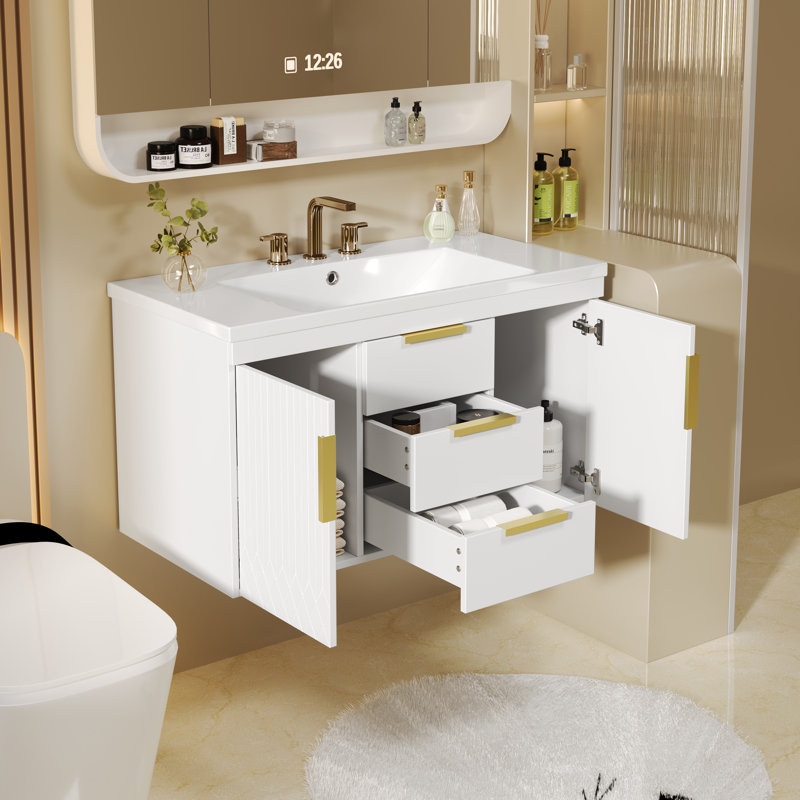 Meuble-lavabo mural 36 po avec 2 tiroirs, meuble-lavabo flottant 36 po