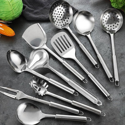 10-Piece Mirror Polished Stainless Steel Cooking Utensils With Ergonomic Grip