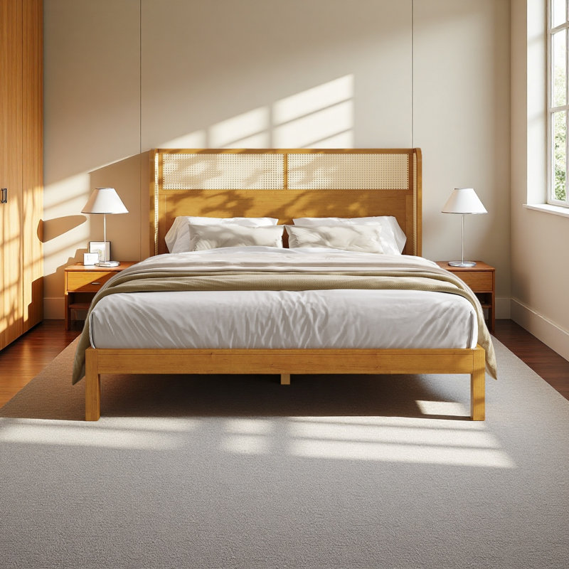 Cadre de lit plateforme en bois d'hévéa de qualité supérieure, avec tête de lit incluse, lit Mid-Century moderne, Grand lit