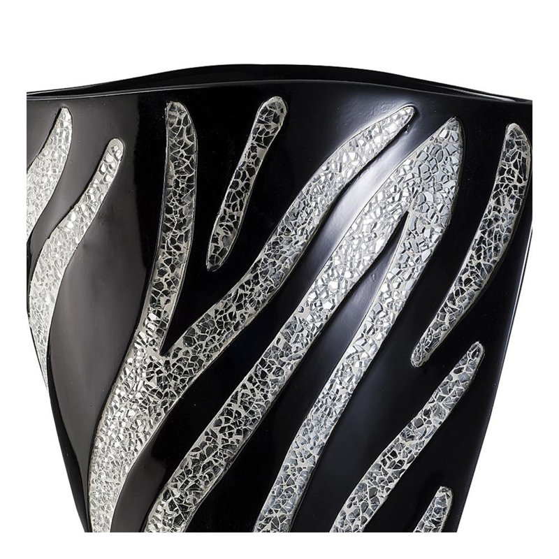 Tall Polyresin Decorative Vase, Black finish with Silver Zebra Pattern