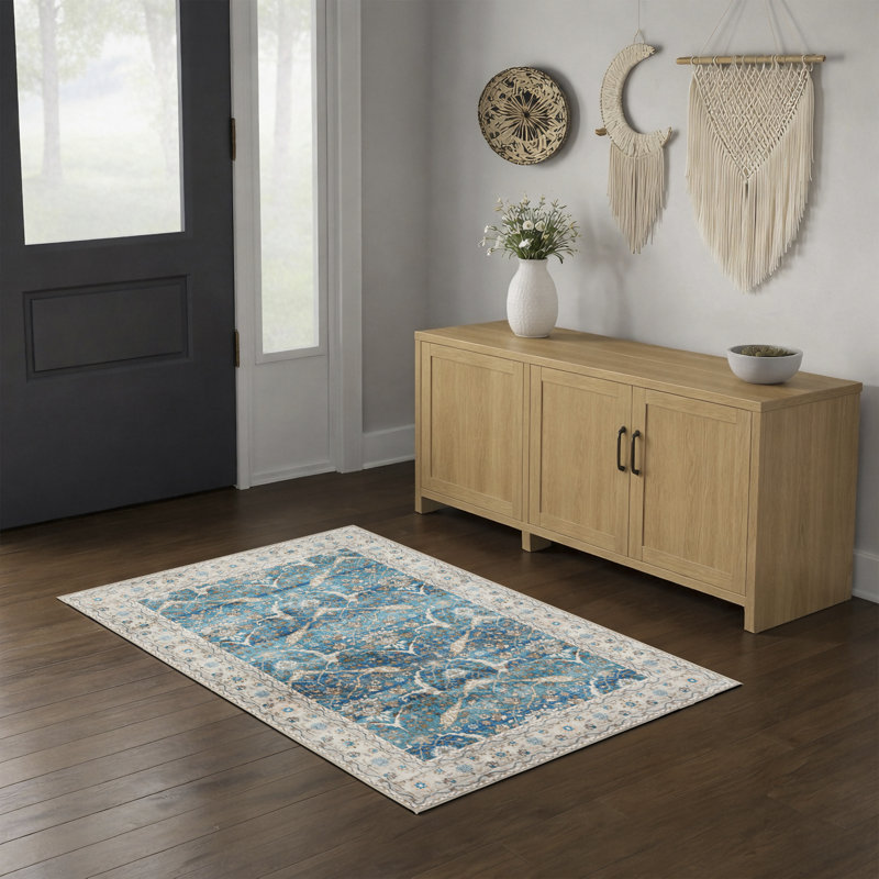 Machine Washable Vintage Oriental Area Rug Non-Slip Backing Blue/Beige/Brown Indoor Carpet for Living Room, Bedroom, Hallway Runner