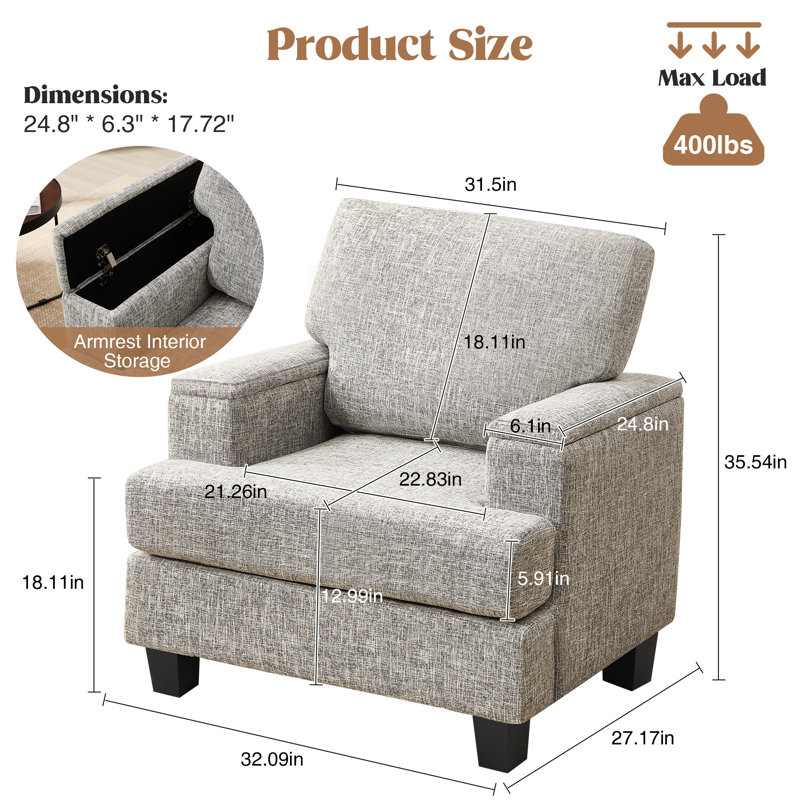 Fauteuil rembourré avec rangement intérieur pour accoudoirs, Gris clair