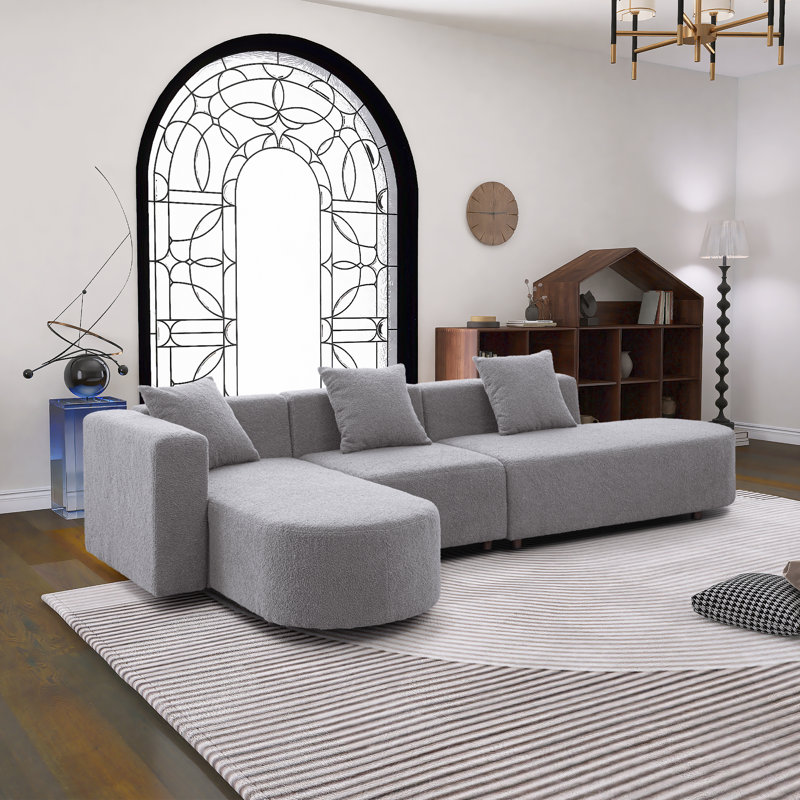 Elegant Modern Style L-shaped Boucle Sofa with 3 Pillows, Left Hand Return, Gray Polyester
