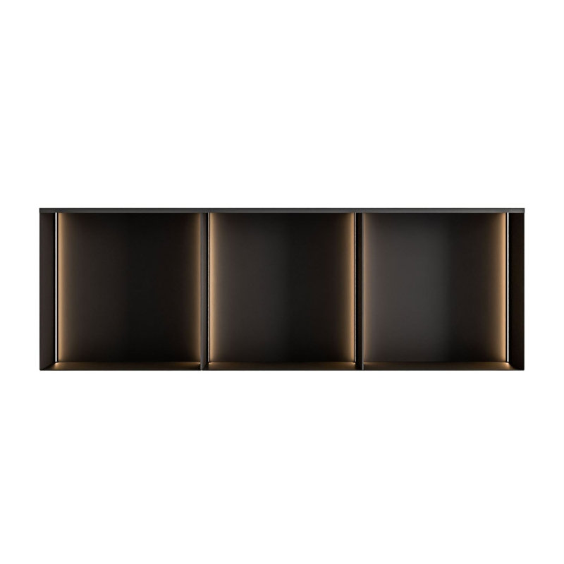 3 Piece Square Metal Cube Shelf, Black / Black with LED