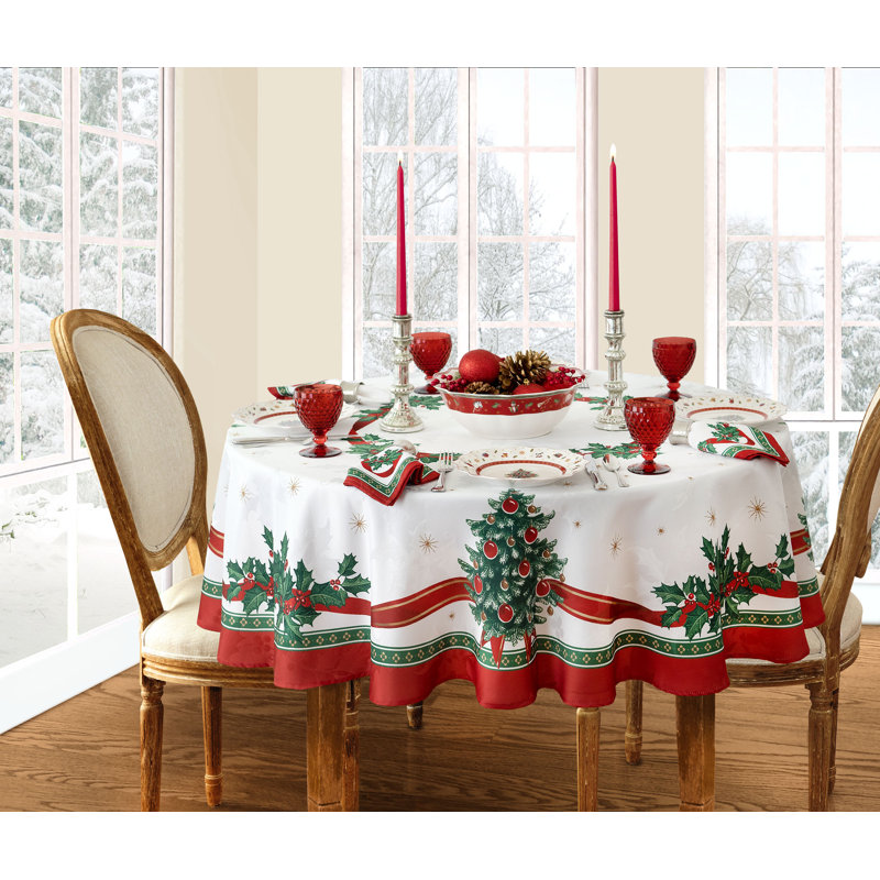 Holiday White and Red Oval Fabric Tablecloth with Christmas Print