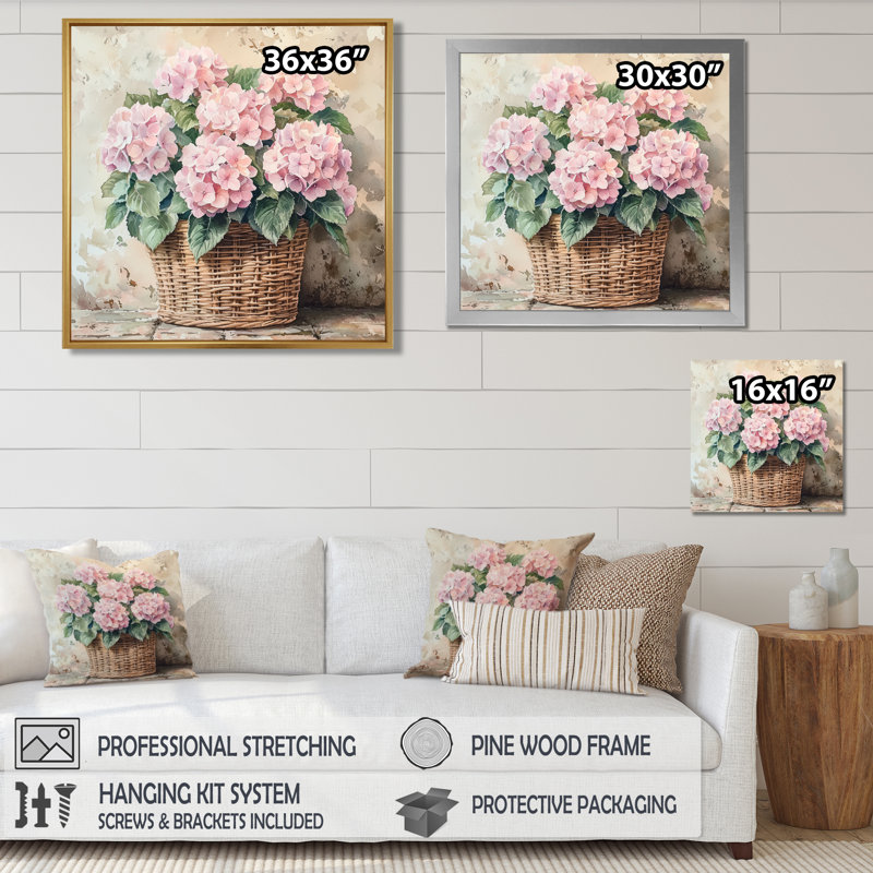 Hortensias dans un panier rétro I - hydrangées grand art mural, H 16 po x l 16 po, Reproduction encadrée d'une seule photo