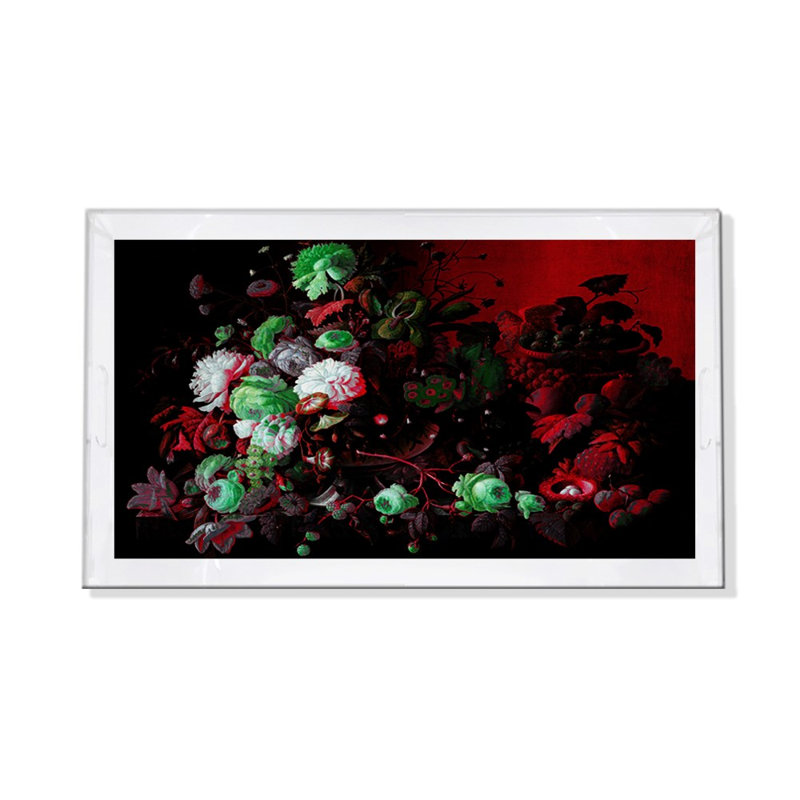 Bird Nest Floral Acrylic Rectangle Decorative Tray, Red Green, 2" H x 12.25" W x 7.75" D