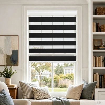 Dual Layer Cordless Zebra Blinds Free-Stop Day & Night Privacy Sheer Window Shades Hassle-Free Installation, Black 58"W x 75"H