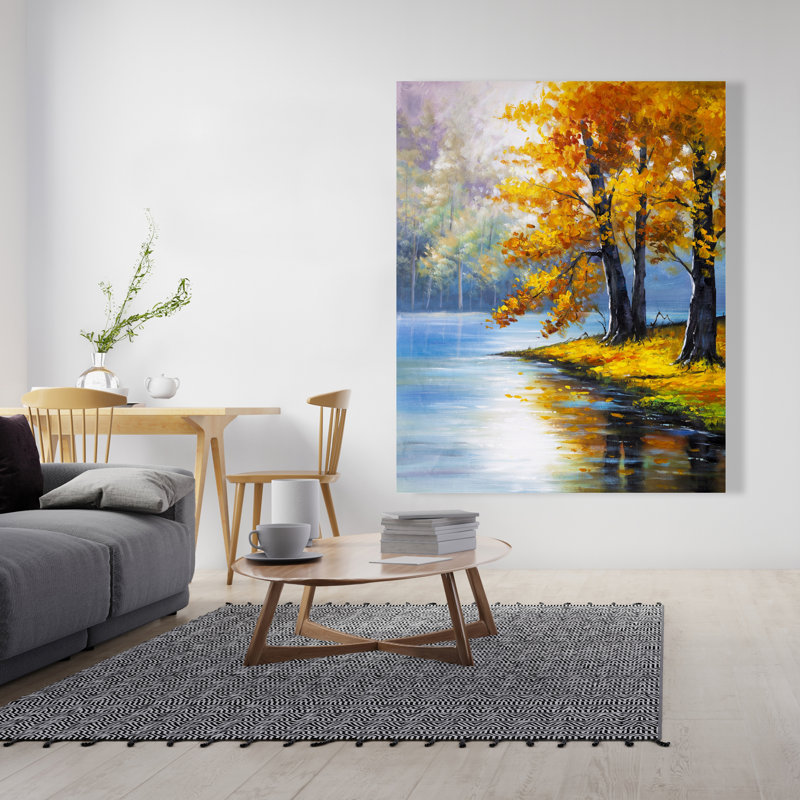 Deux arbres au bord du lac - Décoration de bureau en toile bleue, H 60 po x l 48 po