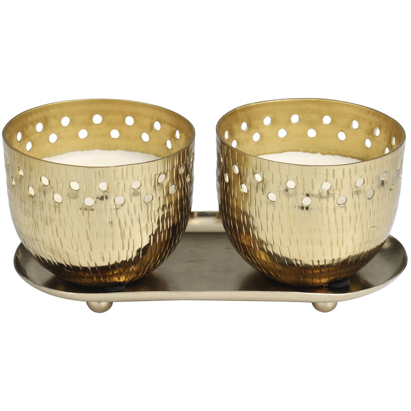 Metal Vanilla Marshmallow Scented Cutout Spotted 7 oz 1 Wick Decorative Candle with Wax Set, Gold