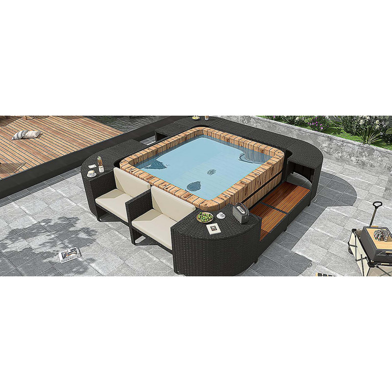 Ensemble de canapés modulaires en rotin pour l'extérieur avec cadre mini spa, sièges en bois et espaces de rangement, beige