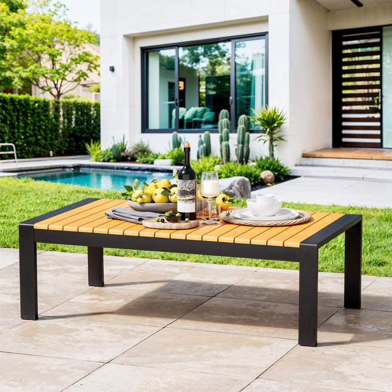 Aluminum Outdoor Coffee Table - Rectangle Patio Tables for Deck, and Poolside, Black, Aluminum/Wood