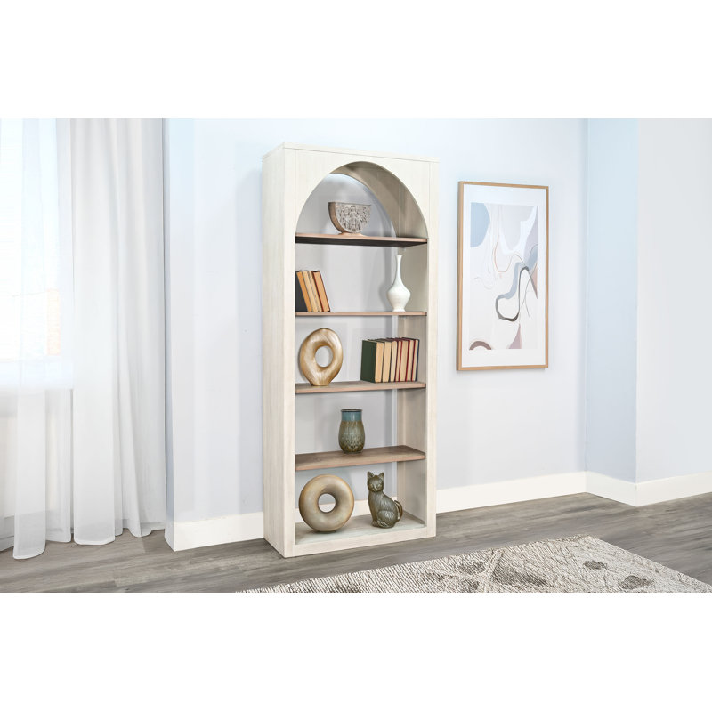 Tall Arched Wood Bookshelf with Open Shelving, Light Gray/Wheat