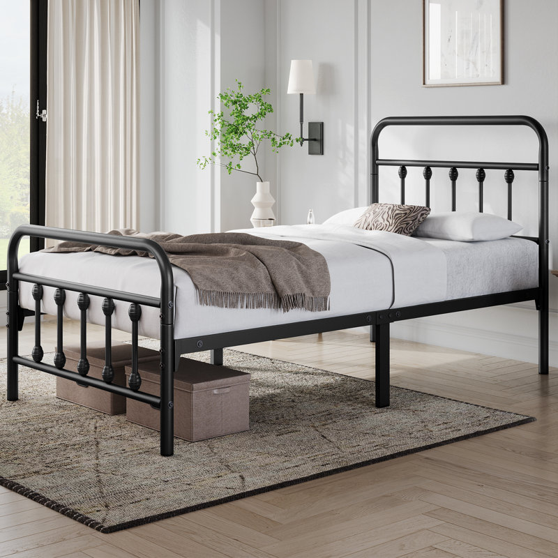 Metal Bed Frame with Vintage Headboard, Black, Single (3')