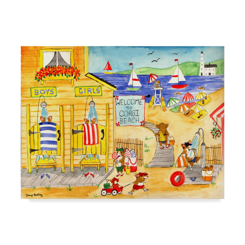 «Welcome To Corgi Dog Beach» par Cheryl Bartley, reproduction sur toile, H 24 po x l 32 po x P 2 po