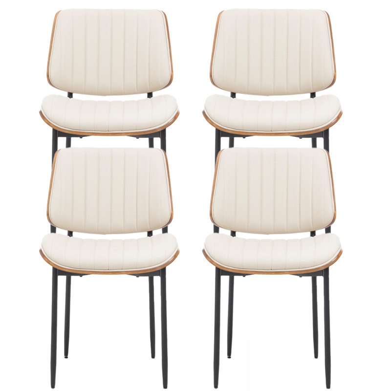 Faux Leather Dining Chair with Walnut Bentwood Back & Seat Base – Breathable Chair with Metal Legs, Beige