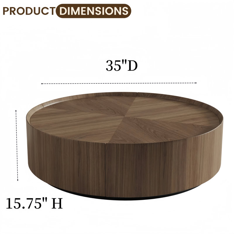 Table basse ronde avec 2 tiroirs de rangement et base robuste, Brun, H 15,75 po x L 35 po x l 35 po 