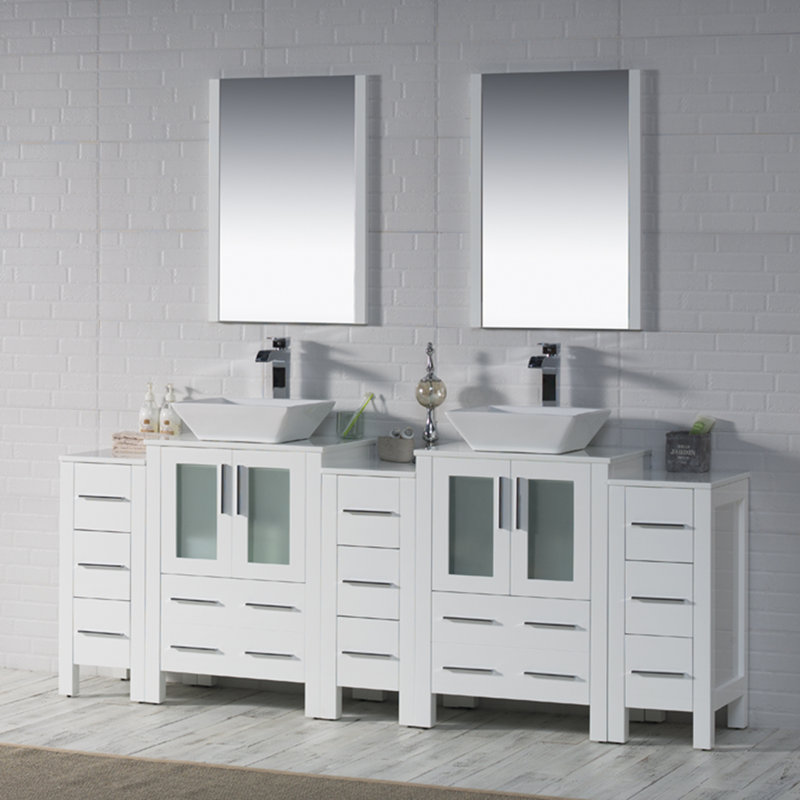 Ensemble de meuble-lavabo de salle de bain double 85 po avec miroir Mance, Blanc lustré