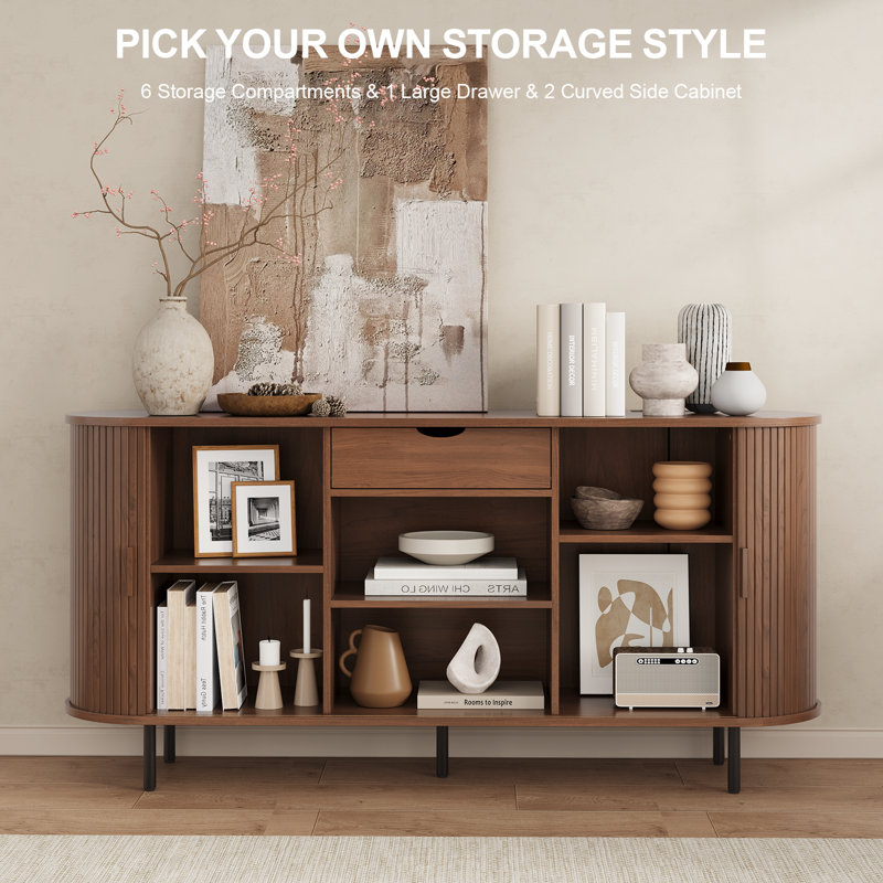 63" Sideboard Buffet Cabinet With Large Drawer, Storage Buffet With Tambour Sliding Door & Adjustable Shelf, Walnut