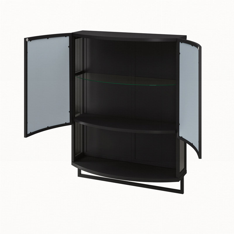 Garde-robe moderne en verre arqué 23,62 "à double porte avec miroir incassable en verre à double couche, tablette ouverte et porte-serviettes pour l'entrée, le salon, la salle de bain, la salle à manger (noir)
