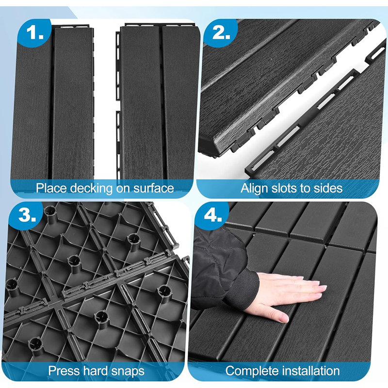 Carreaux de terrasse en plastique emboîtables - paquet de 9, plancher composite intérieur et extérieur imperméable pour patio, porche, balcon, cour, bord de piscine, gris foncé