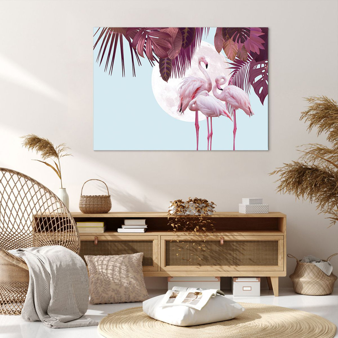 Leinwandbild Flamingos Palm Trees Moon