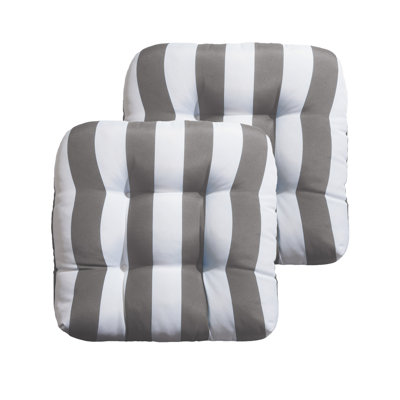 Coussin de siège de patio épais et confortable de qualité supérieure avec coussins à nouer touffetés et rembourrés de fibres 19 x 19 x 4 pouces, coussins de chaise d'extérieur à imprimé texturé, paquet de 2, rayures grises et blanches