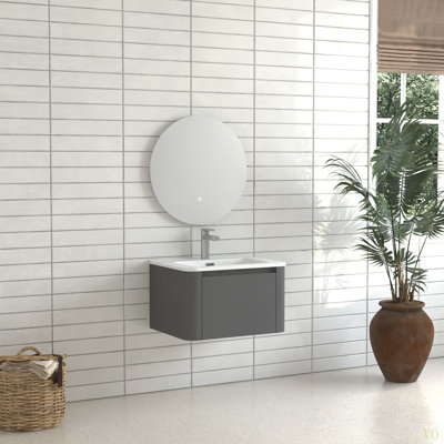 Armoire de salle de bain murale 24 po avec lavabo flottant à tiroir avec lavabo intégré en céramique