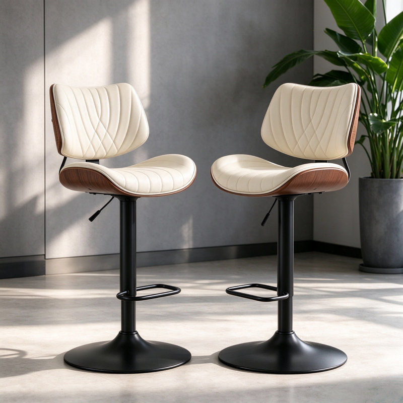 Lot de 2 tabourets de bar pivotants et réglables, en similicuir, hauteur comptoir, avec dossier et repose-pieds, style moderne pour la cuisine et la maison, blanc, ensemble de 2