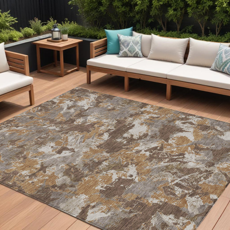 Tapis extérieur lavable floral beige et gris 10 pi x 14 pi brun