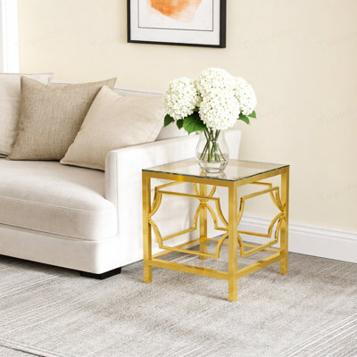 Table d'appoint carrée en or 19,7 po avec plateau en verre trempé et tablette de rangement, table de bout glamour avec structure en métal pour le salon, la chambre à coucher, le canapé, la table d'appoint pour petit espace