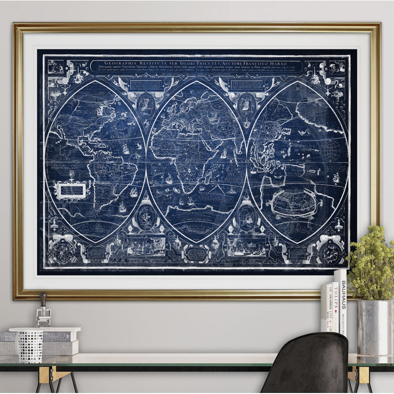 « rétro carte du monde iii », impression, Cadre doré, H 20 po x l 24 po x P 1,5 po