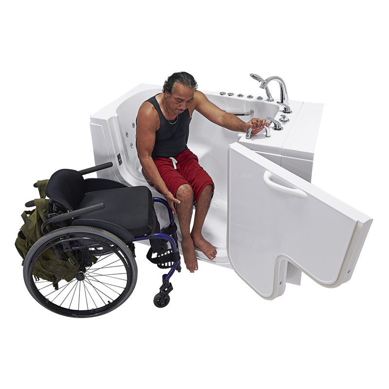 Ella Wheelchair Transfer 30"x52" Acrylic Hydro Massage w/ Independent Foot Massage Walk-In Bathtub, Right Outward Swing Door, 5 Piece Fast Fill Faucet, 2" Dual Drain
