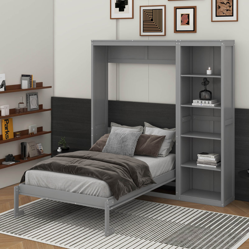 Lit escamotable double avec tablettes, Gris, Lit double