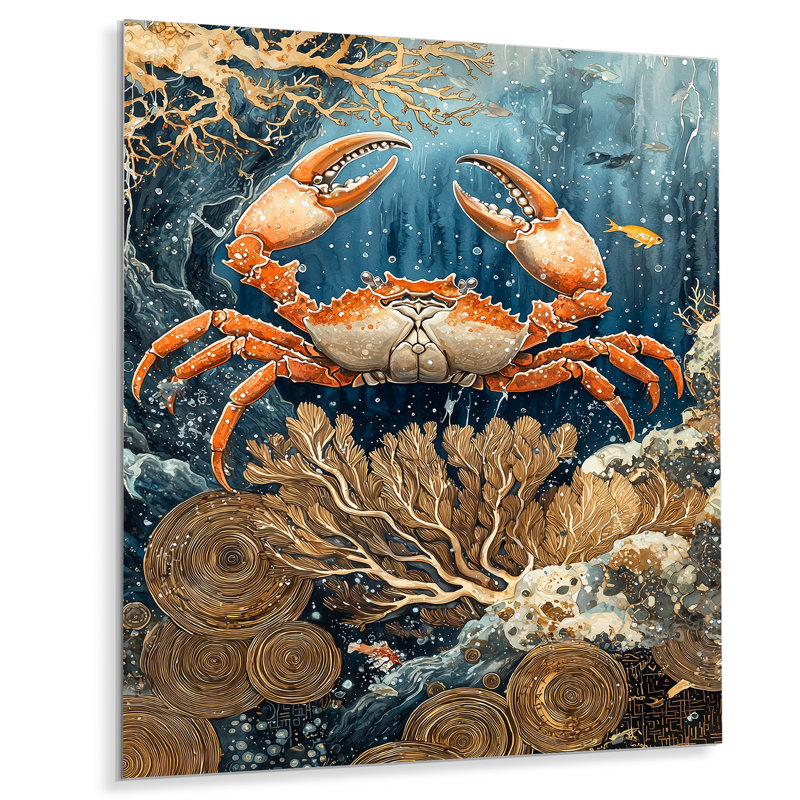 Aquarium bleu et blanc avec grand crabe III - reproduction d'art moderne en métal, crabe, art mural en métal