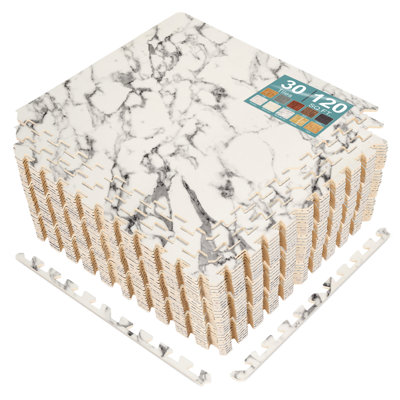  Sorbus Waterproof Wood Grain Foam Floor Tiles, 30 Tiles, 120 Sq Ft, Interlocking, White Marble