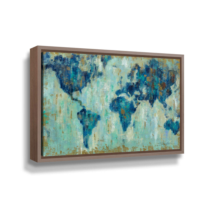 Carte du monde - reproduction sur toile, H 32 po x l 48 po x P 2 po, Cadre flottant en noyer