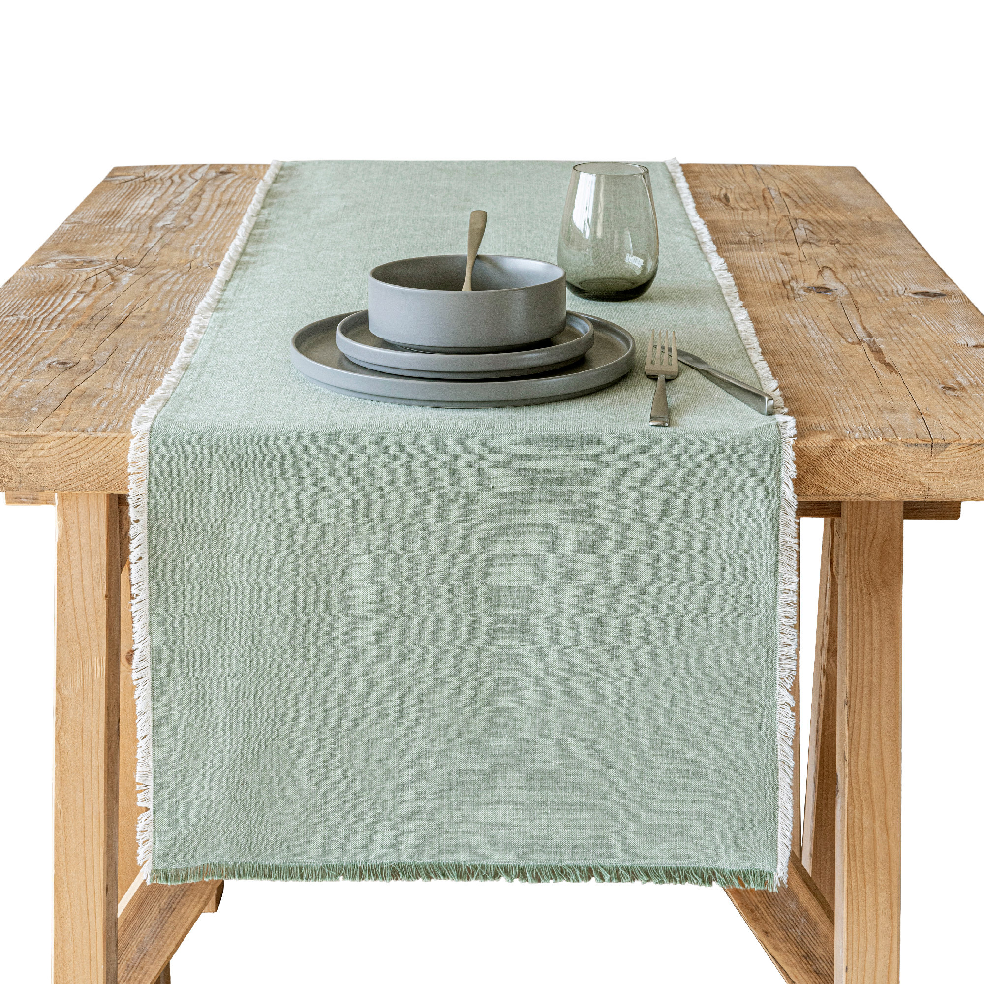 over&back Woven Frayed Chambray Table Runner, Green, 18" W x 108" L