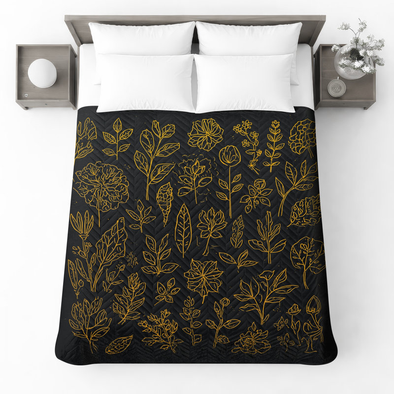 Couvre-lit matelassé Gold Botanical Sketches, Très grand lit