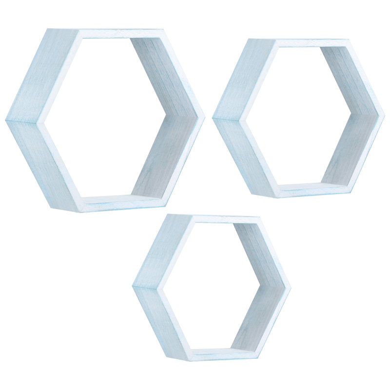 Arlea 3 Piece Hexagon Floating Shelf, Blue