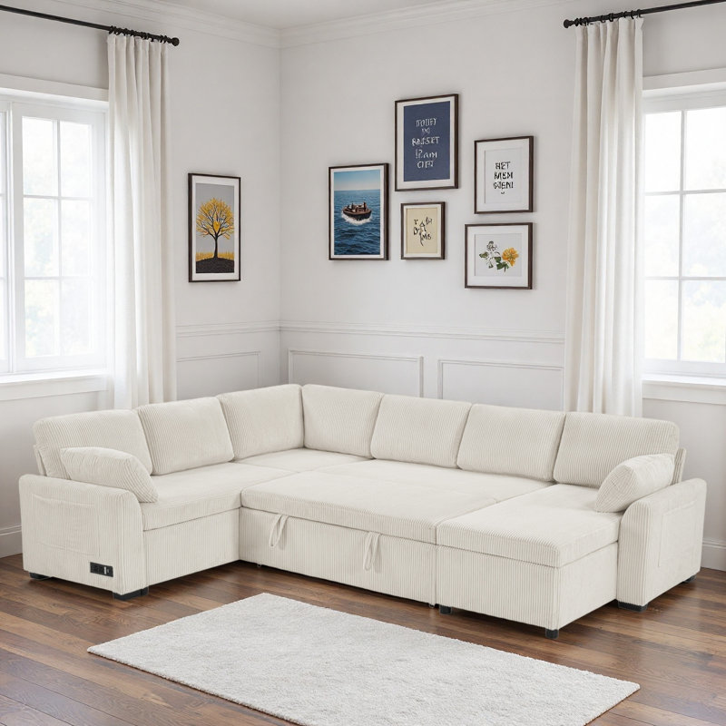 Canapé-lit modulaire convertible avec méridienne réversible, poches de rangement et dispositifs de chargement, Chenille beige