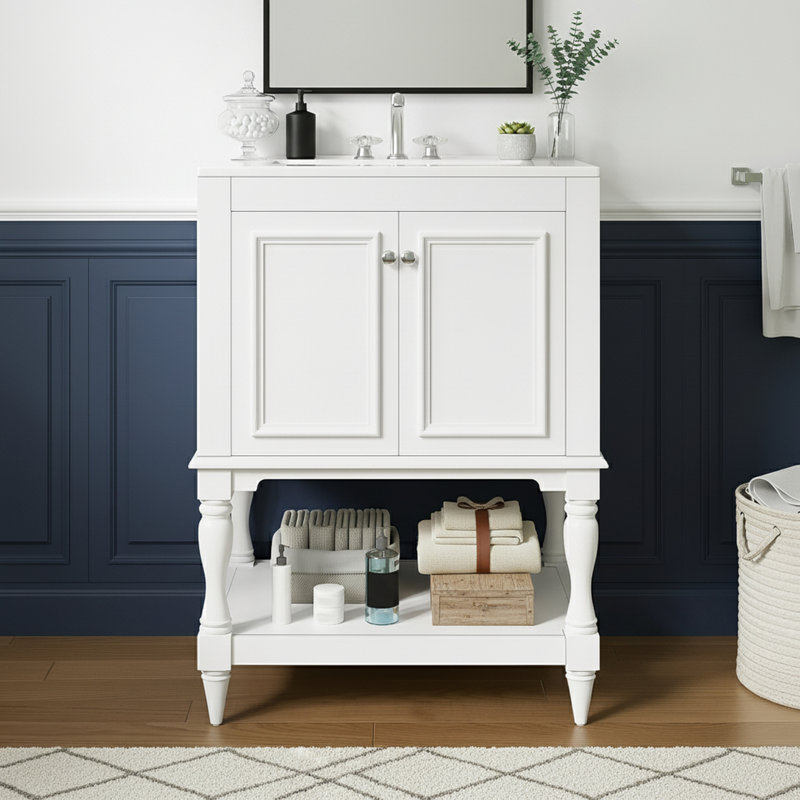 Bathroom Vanity With Ceramic Sink And Open&Closed Storage, White
