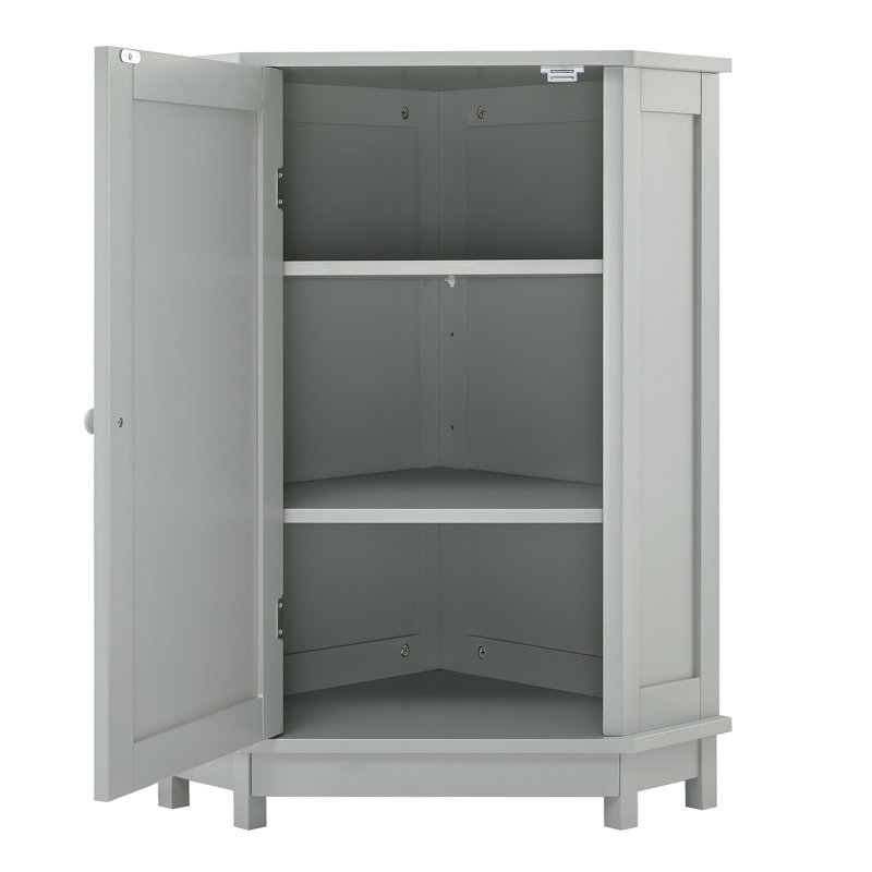 Armoire de rangement de coin de salle de bain grise moderne triangulaire avec tablette réglable, panneau de fibres à densité moyenne