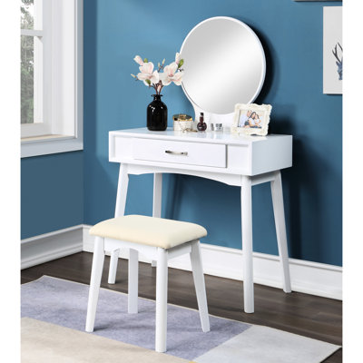 Meuble-lavabo et tabouret blancs - Design moderne pour votre routine de beauté 30,24 "de hauteur de table Meuble de chambre contemporain et élégant avec miroir rond en bois d'hévéa