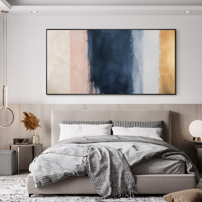 Très grand art mural imprimé sur toile - Composition abstraite moderne verticale avec centre bleu marine foncé et rosé clair, design minimaliste contemporain crème pour le salon ou la chambre à coucher - «Assemblage requis du cadre (cadre non fini)»