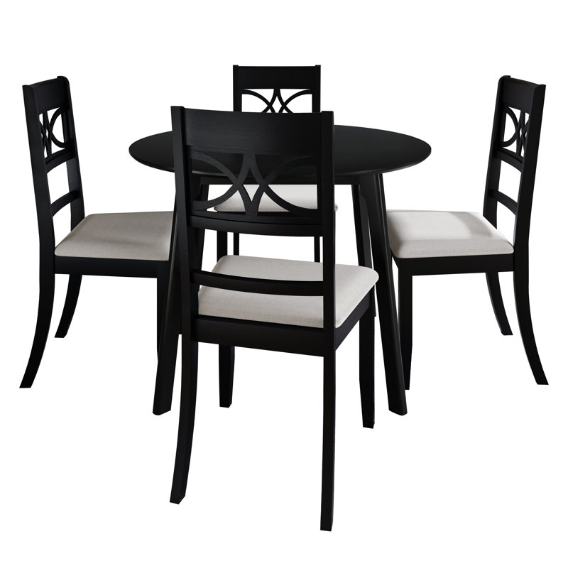 5-Piece Dining Set With Black Round Table And Black Upholstered Intricately Designed Back Chairs, Black