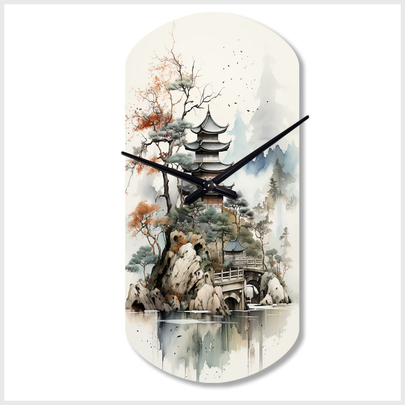 Asian Art Fantasy Sumi II - horloges murales cylindriques en métal asiatique, horloge murale asymétrique verte, Petit
