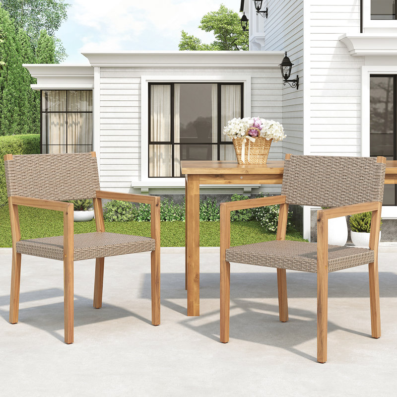 Ensemble de 2 chaises de salle à manger d'extérieur, structure en bois d'acacia teck clair et osier PE brun clair, idéal pour les patios et les jardins